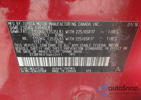 2016 Toyota Rav4 Xle z USA, uszkodzony, nr VIN 2T3RFREV1GW443441